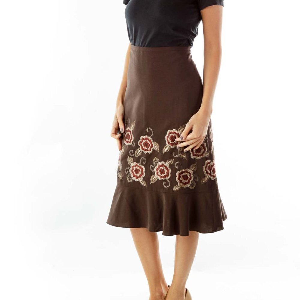 LOFT Brown Embroidered Flared Skirt - Picture 3 of 3